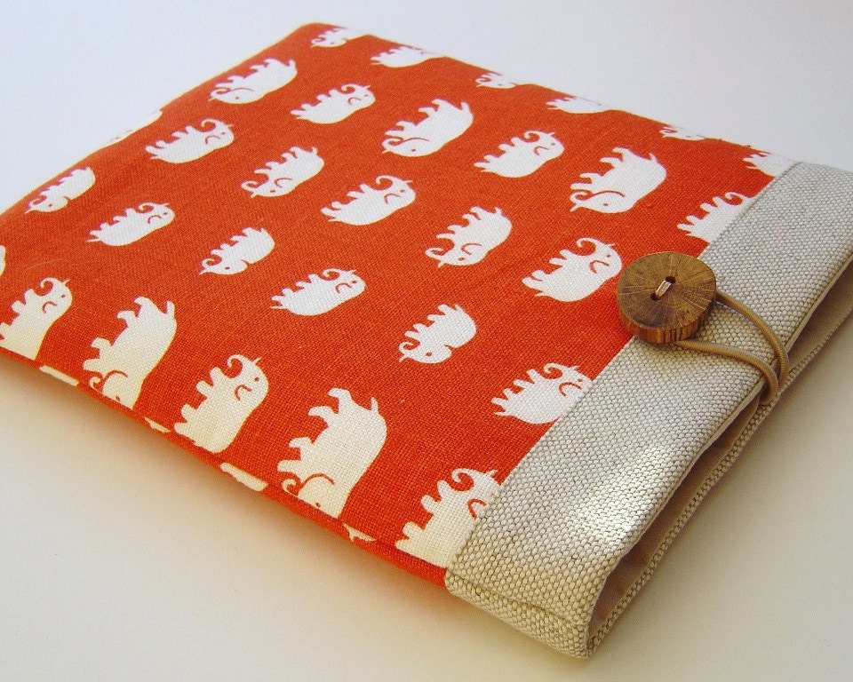 Handcrafted Linen iPad Sleeve with Elephants in Orange and Cream