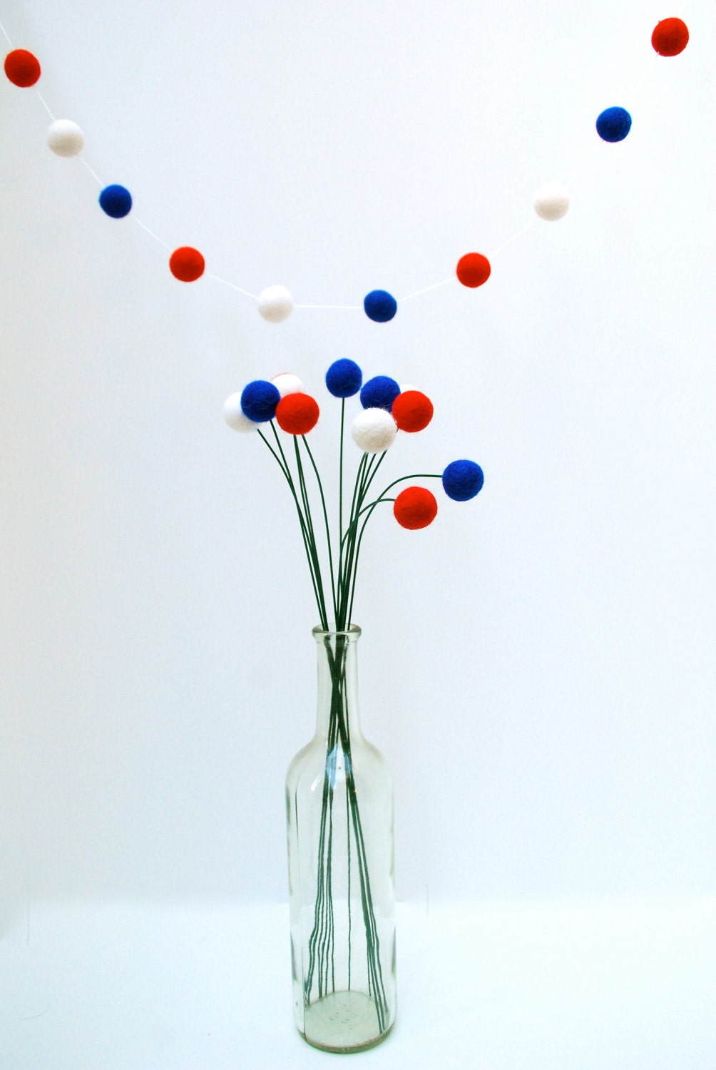 Fourth of July Decoration - Billy Ball Flowers/ set of 12, 18 inches/ Felt Balls