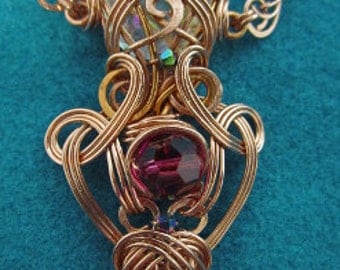 Copper Necklace With Vintage Fuschia Crystal Beads