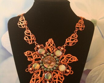 Copper Celtic Style Necklace With Teal Freshwater Pearls, Abalone, and Mother of Pearl Beads