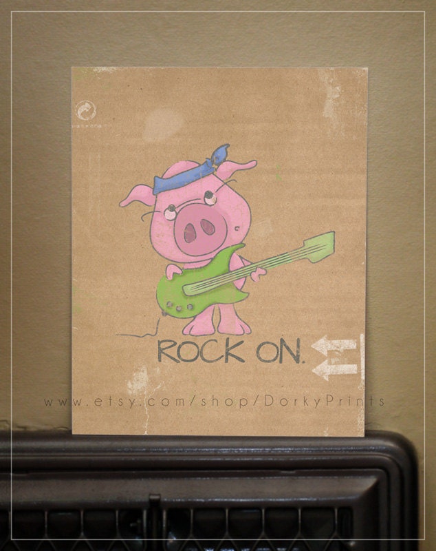 Pig Rock On Printable - PDF Printable File - cute pig rockstar with guitar
