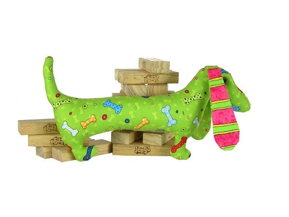 Danny the Dachshund - Colourful Bones on Vivid  Green - Handmade fabric Toy for Boys,  Girls and ... Adults