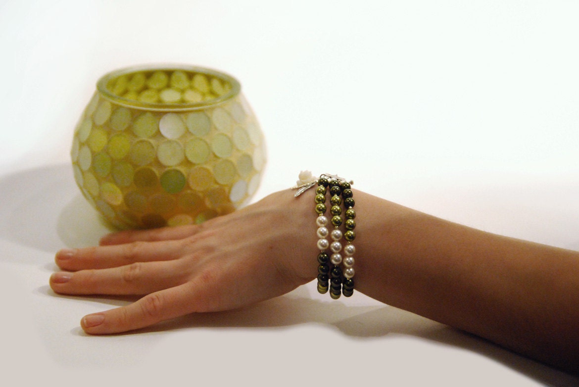 Green and Cream Triple Swarovski Bracelet