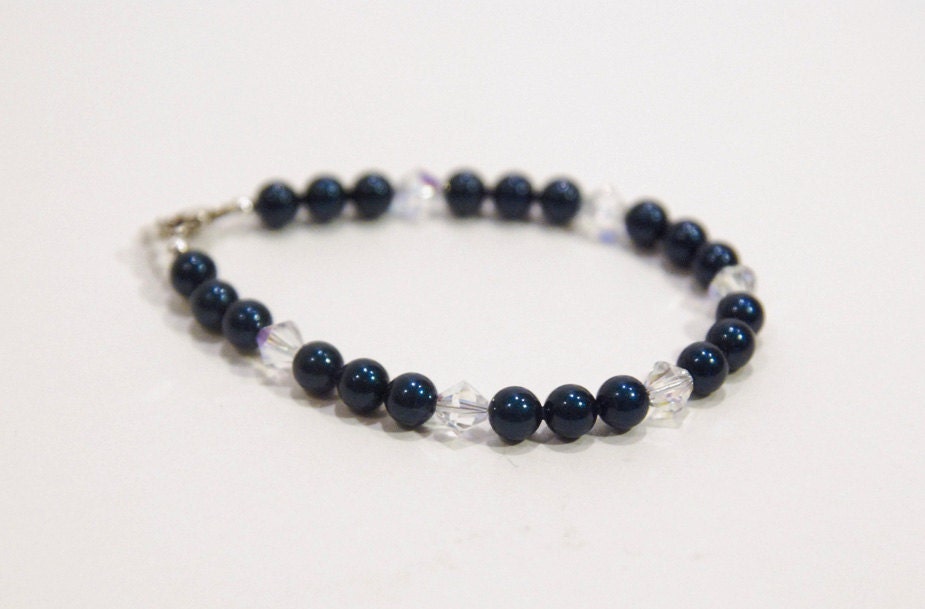 Dark Teal Blue Swarovski Pearl and Crystal Stackable Bracelet