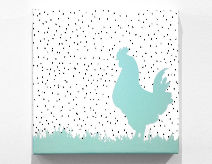 Organic Rooster Print - Chocolate Chip / Mint - 12" x 12"