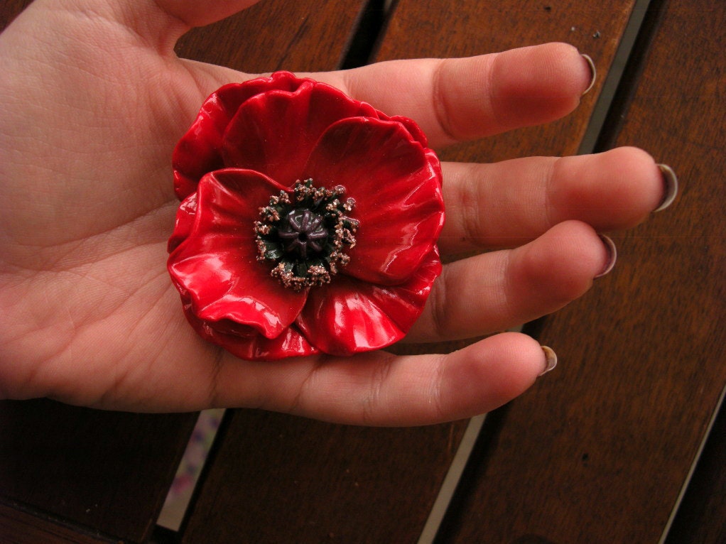 Poppy flower brooch from polymer clay vintage