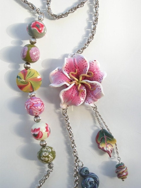 Lily flower necklace with colorful flower beads and leafs from polymer clay fimo