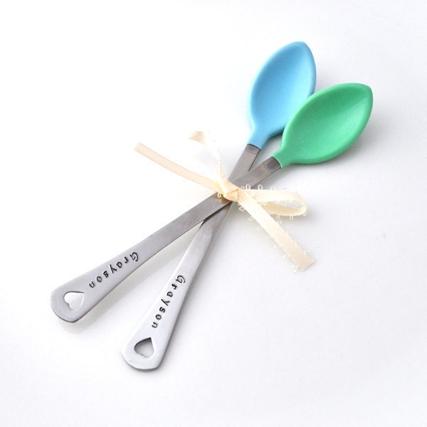 Personalized Baby Spoon SET OF TWO(2) baby shower gift, new mom, baby feeding baby boy blue set