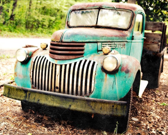 Vintage Pickup Truck Shabby Rusted Blue Green 8x10 Photograph by Kerry