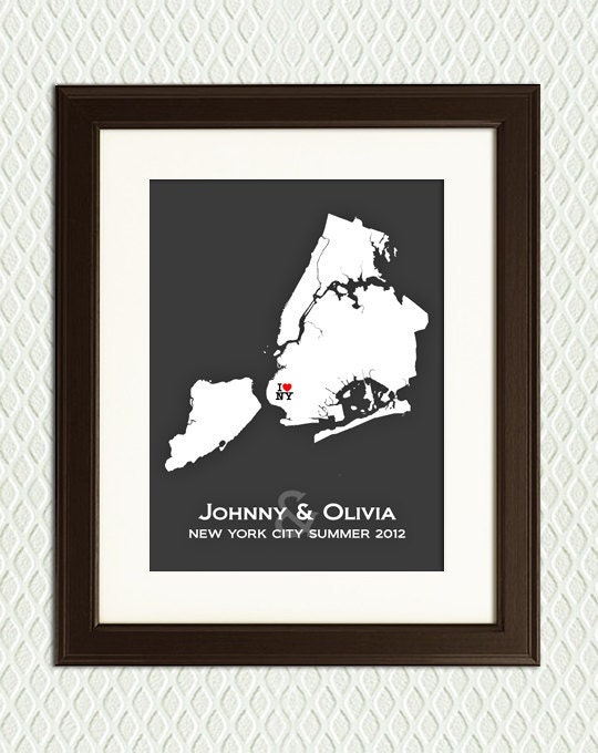 NEW YORK CITY Map with a heart for an anniversary, wedding, honeymoon. Perfect for a paper anniversary gift.