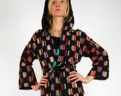 Vintage Black Color Patch Fabric Hooded Jacket with Sash Sz S/M