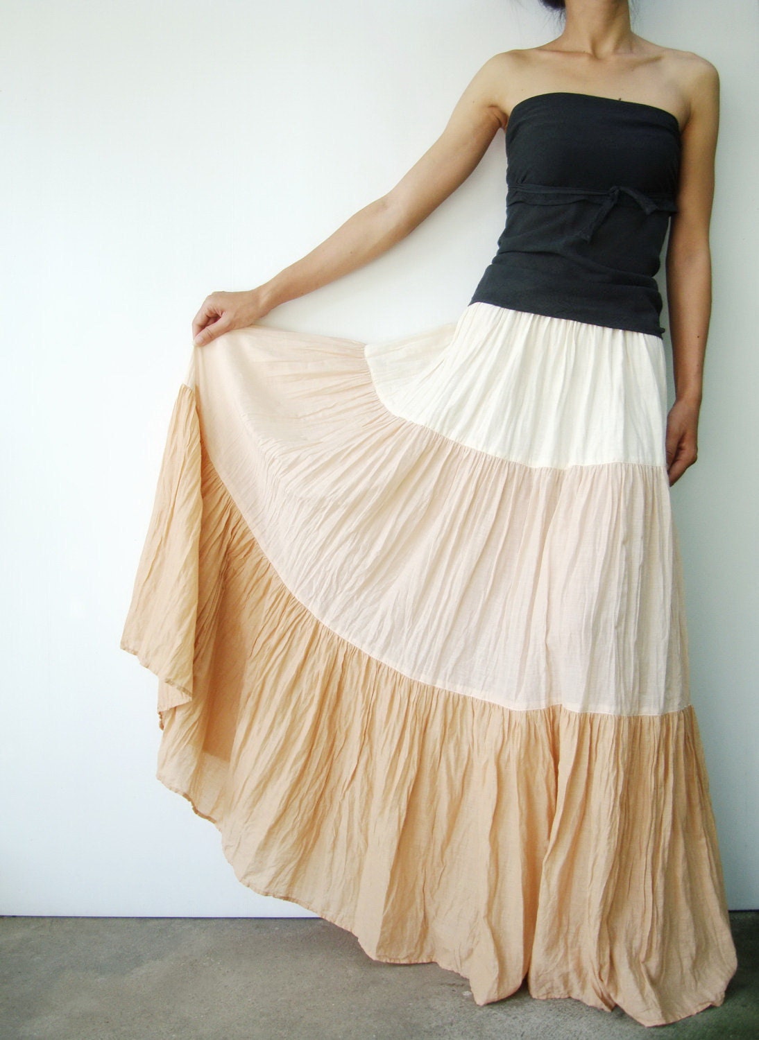 NO.53  Cream-Old Rose-Apricot Cotton,  Hippie Gypsy Boho Color-Block Tiered Skirt