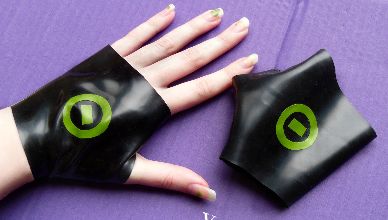 Type O Negative black green rubber latex fingerless gloves by Mortiis.M