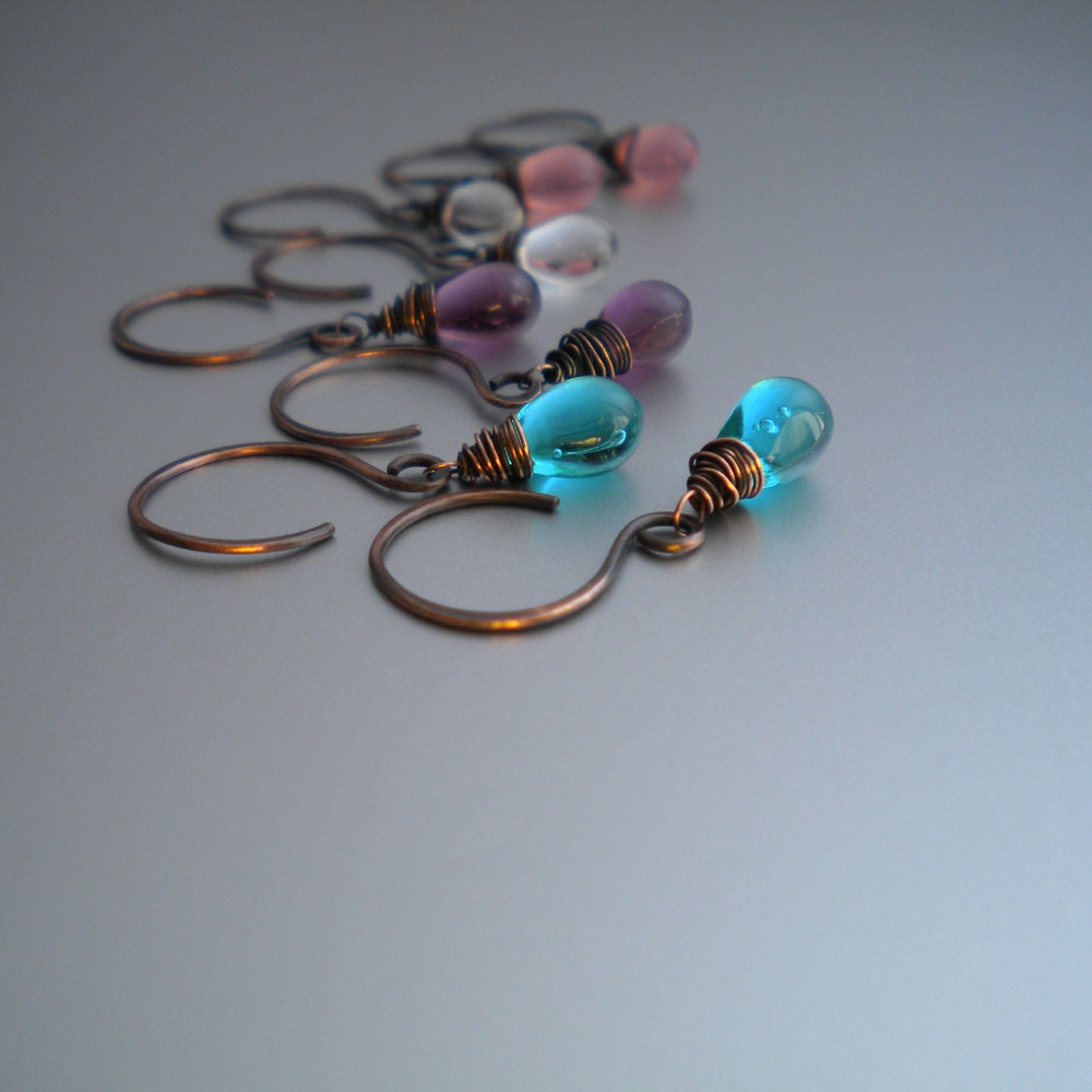 Wire Wrapped Earrings, Solid Copper and Smooth Emerald Czech Glass Raindrops, Little Everyday Earrings, Made to Order