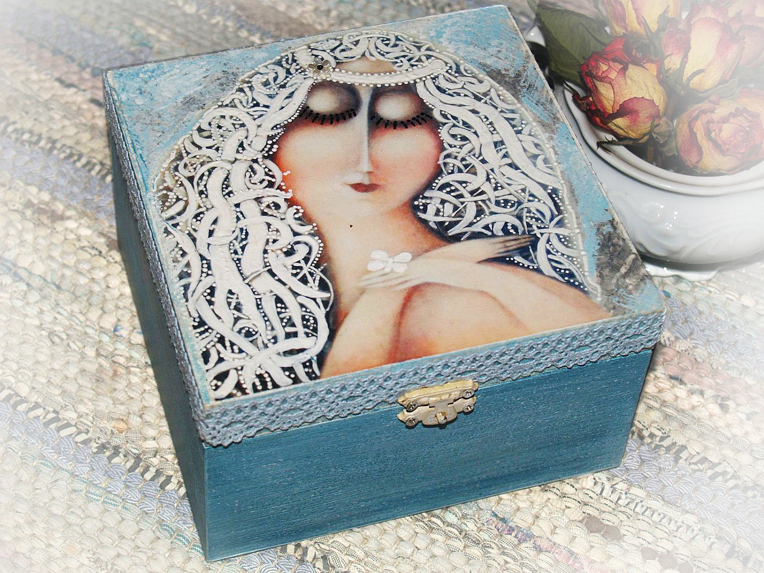 50% OFF SALE Winter gift Jewelry box " Helga's winter " inspired by artist Vladimir Olenberg / Decoupage technique box vintage. Shabby chic