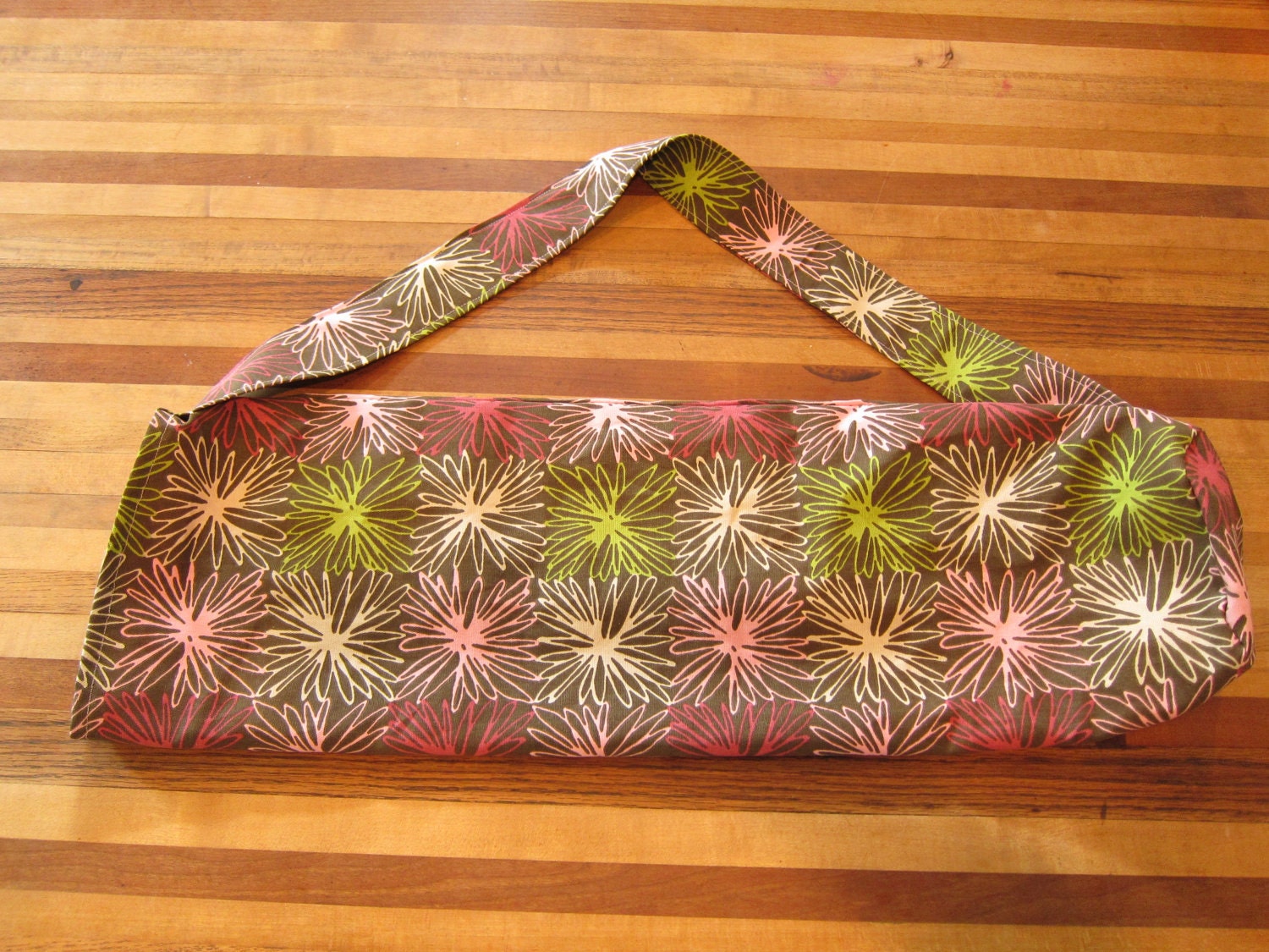 Yoga Mat Bag with Strap in Brown & Pink Modern Floral Print