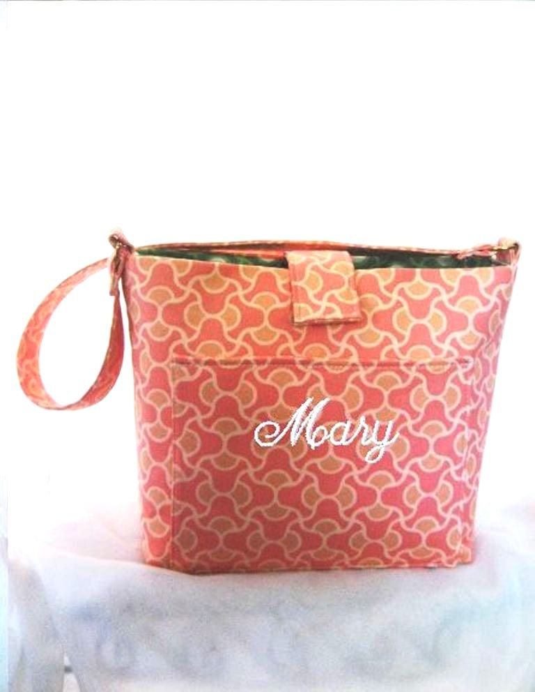 Purse, Tote Bag Fabric Handmade Tote Custom Embroidered with Monogram Amy Butler Peach