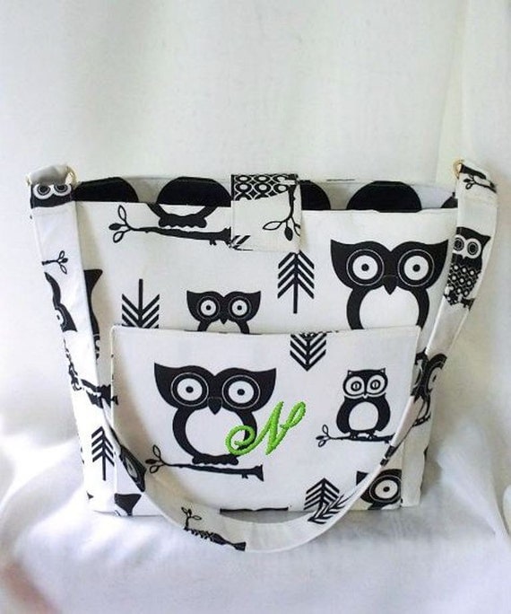 Purse, Tote Bag Fabric Handmade Tote Custom Embroidered with Monogram Owl Print