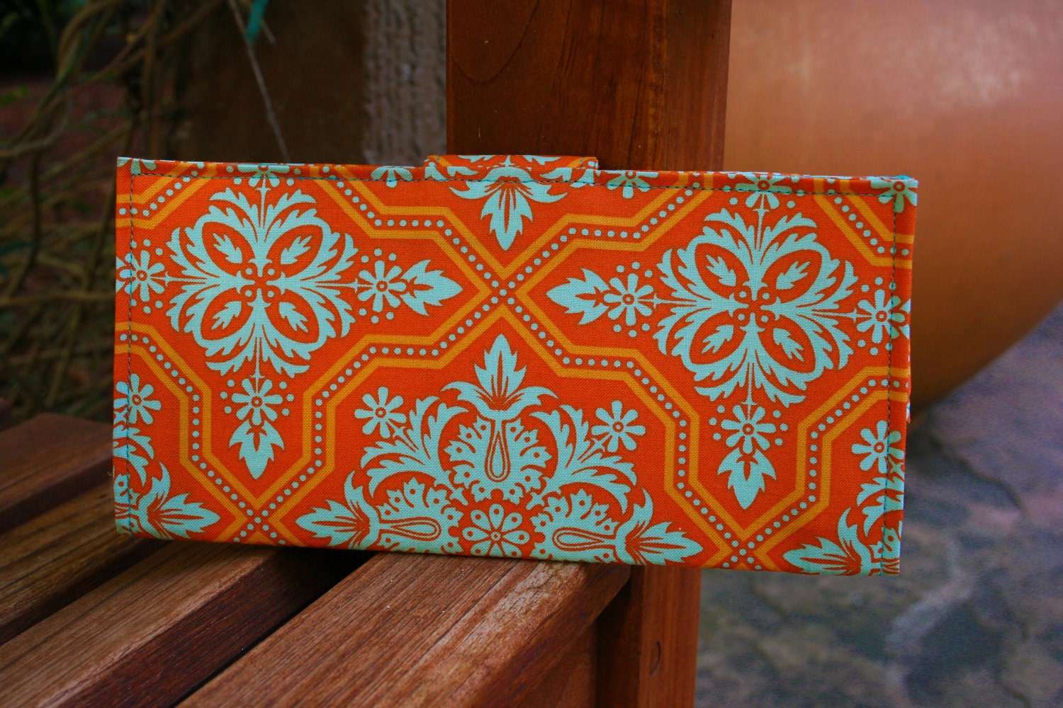 Handmade wallet clutch orange light turquoise Damask