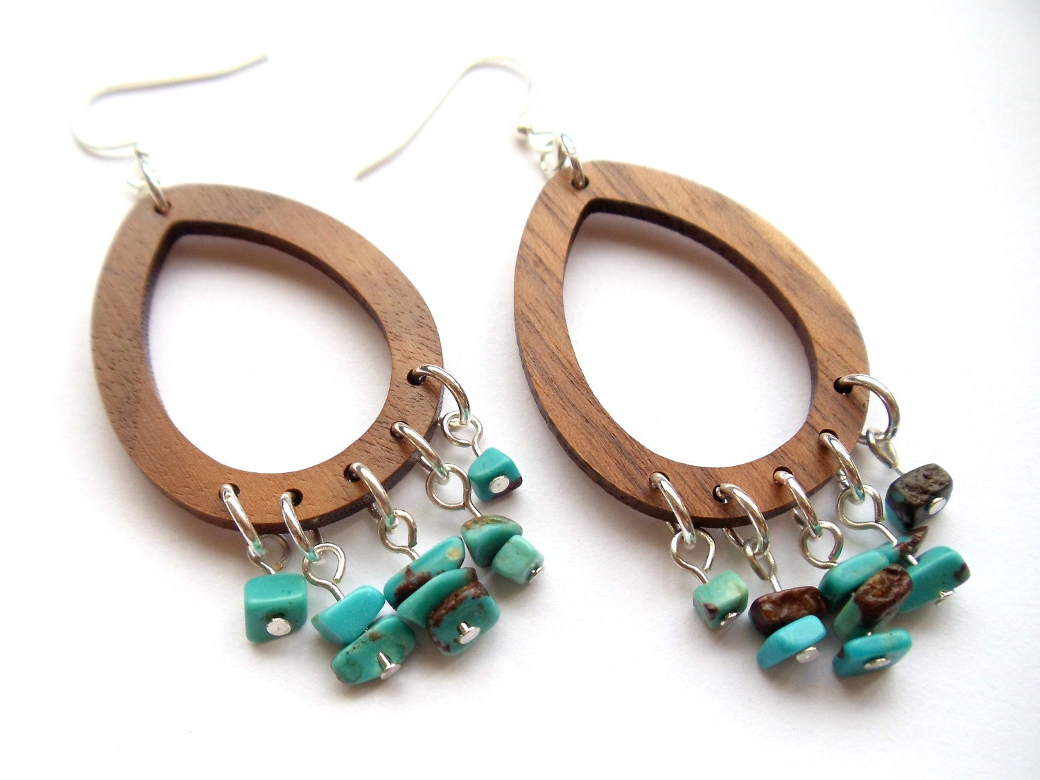 large teardrop earrings // wood and turquoise