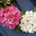 Pink Green and White Hydrangea Spring Wreath with Burlap and Satin Ribbon