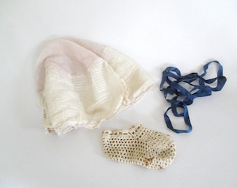 Bonnet, bootie, ribbon 1920s. Sharecropper Child's Keepsakes.