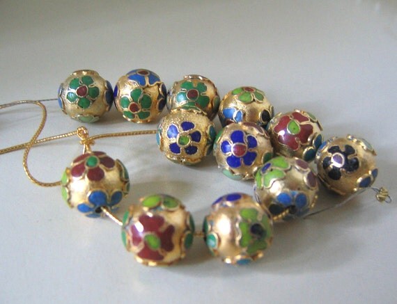 12mm Cloisonne Beads (12 Round) Gold Tone Backdrop Multi color Flowers