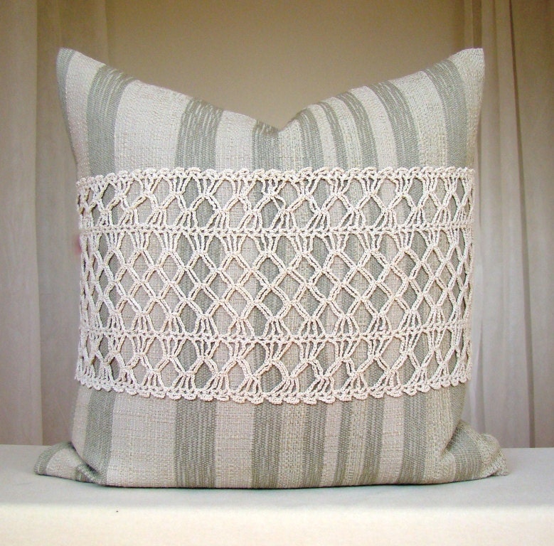 Decorative Pillow Cover 18 x 18 Throw Pillows Accent Pillow Euro Sham Beige Mint Green Cream Stripes Striped Vintage Lace Pillow
