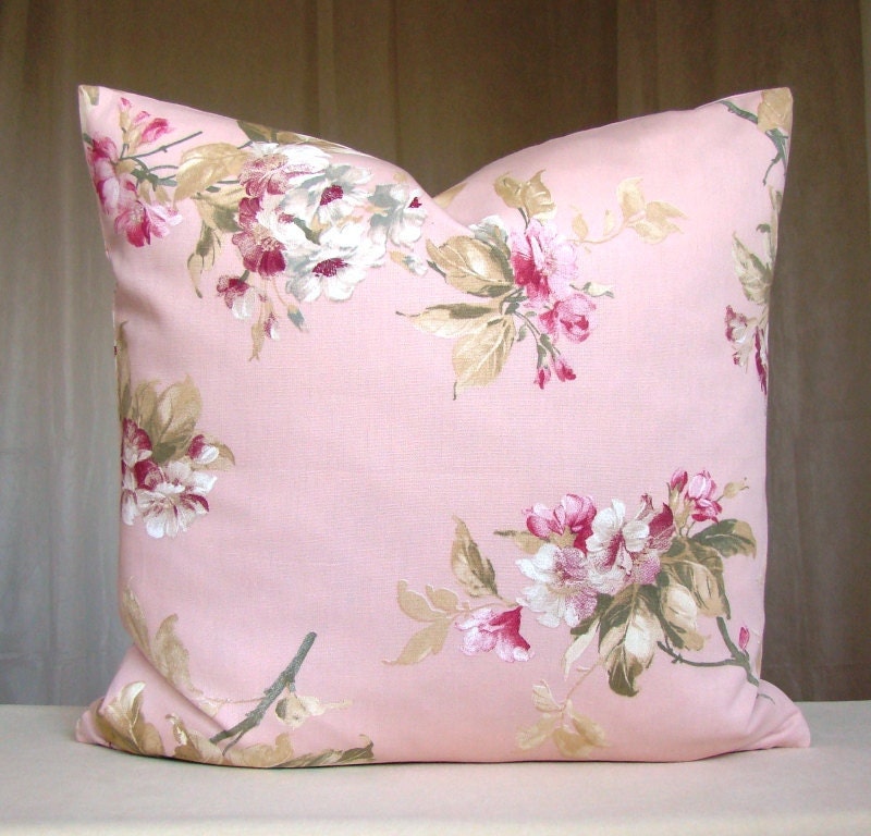 Pink Decorative Pillow Cover 18 x 18 Cotton Throws Pillows Accent Pillow Euro Sham Pink Roses Green