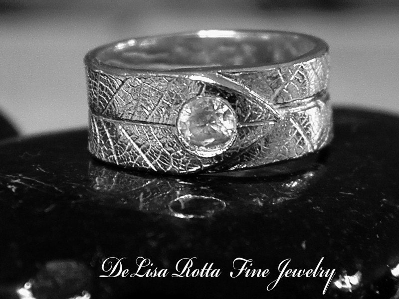Recycled Silver Leaf Wedding Enganement Ring Band With Diamond Alternative