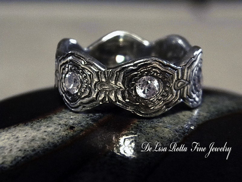 Recycled Silver Amethyst CZ Flower Ring Band