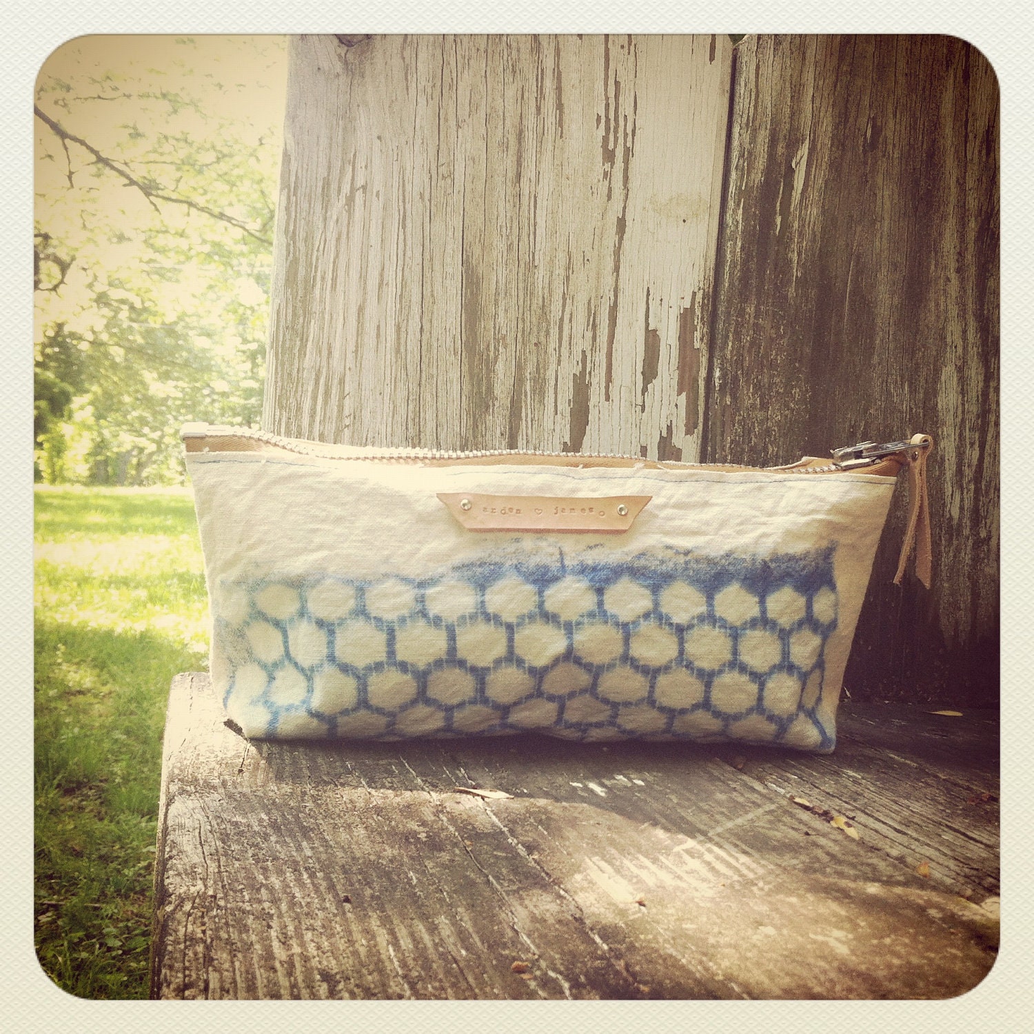 sun printed pouch  //  organic canvas // leather