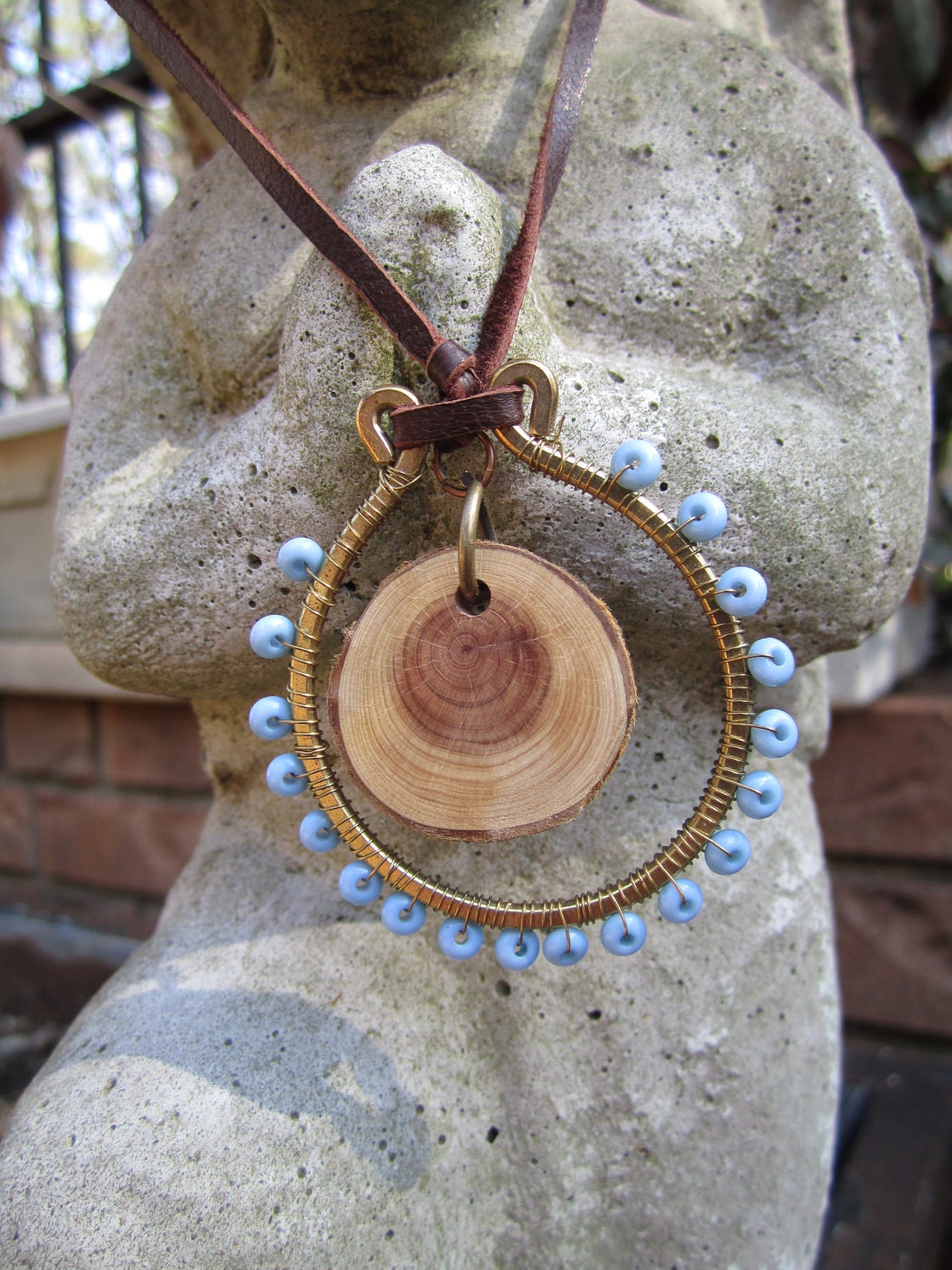 Tree Slice disc and Turquoise Beads Pendant Eco Friendly