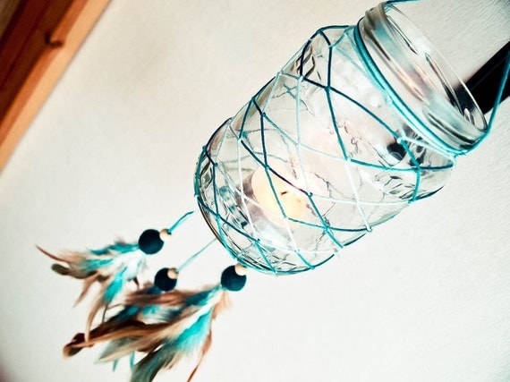 Glass Dream Catcher - Blue Sunset - Dream Catcher with Glass, Blue and Brown Feathers, Blue Nett - Home Decor, Mobile, Candelabrum