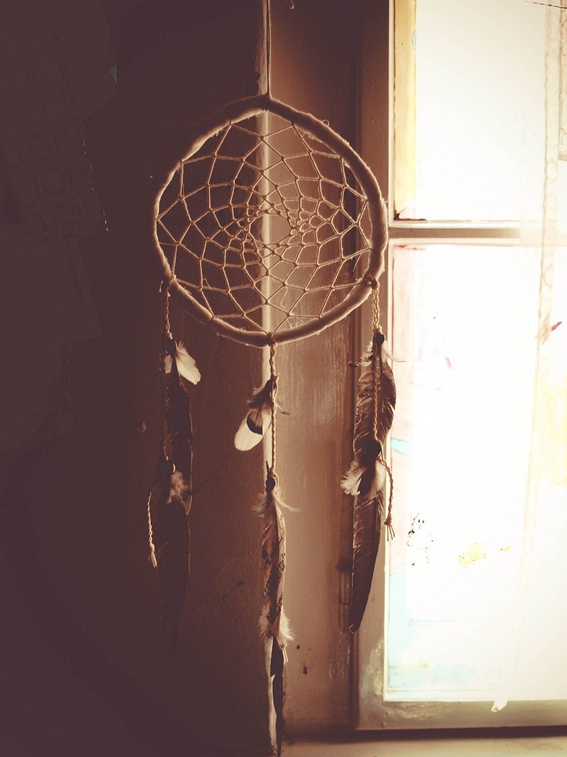 Dream Catcher - Lullaby - With Scores Decoupaged Pigeon Feathers and White Nett - Home Decor, Mobile