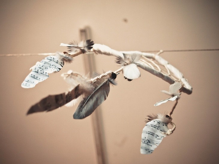 Dream Catcher - Lullaby - With Scores Decoupaged Pigeon Feathers and White Nett - Home Decor, Mobile