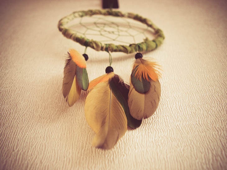 Dream Catcher - Exotic Green - With Green and Yellow Parrot Feathers, Green Frame and Nett - Home Decor, Mobile