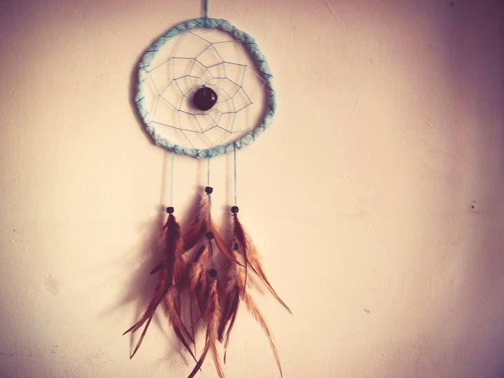 Dream Catcher - Skyblue Dreams - With Natural Brown Feathers, Lightblue Frame, and Nett - Home Decor, Mobile