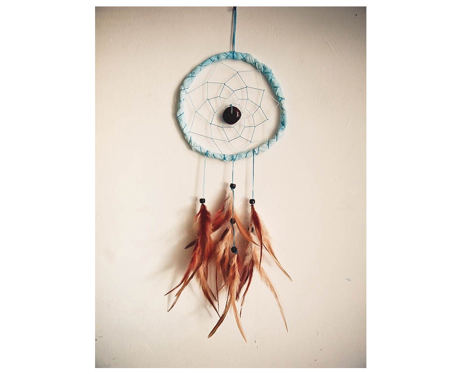 Dream Catcher - Skyblue Dreams - With Natural Brown Feathers, Lightblue Frame, and Nett - Home Decor, Mobile