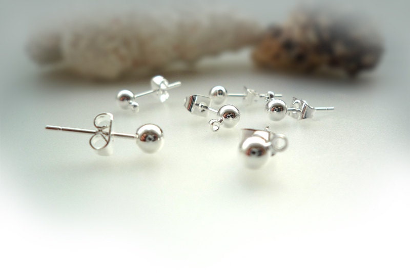 3 pairs Silver Ball Post Earstuds with loops and Earnuts - Nickel Free ( DS31 )