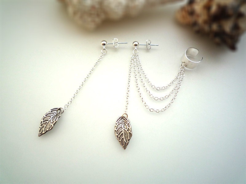 Simple Leaf Ear Cuff - Extra Stud With Chain And Leaf - A5