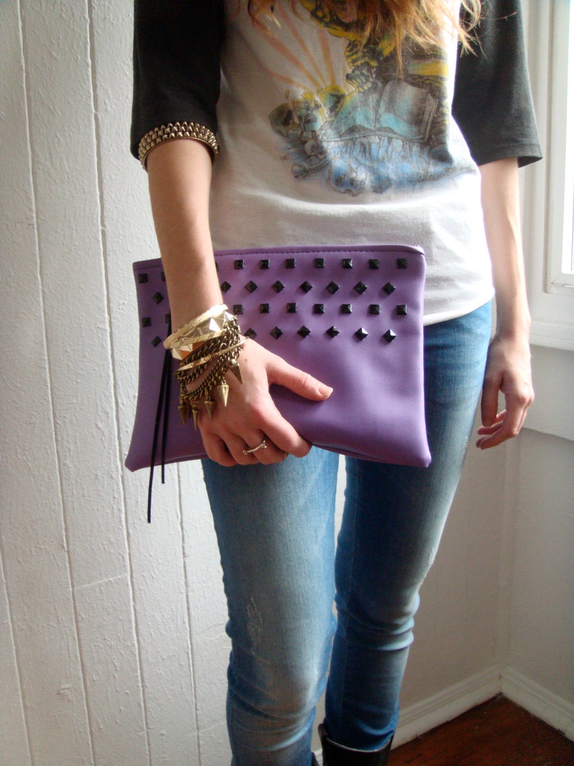 Oversized clutch - purple studded