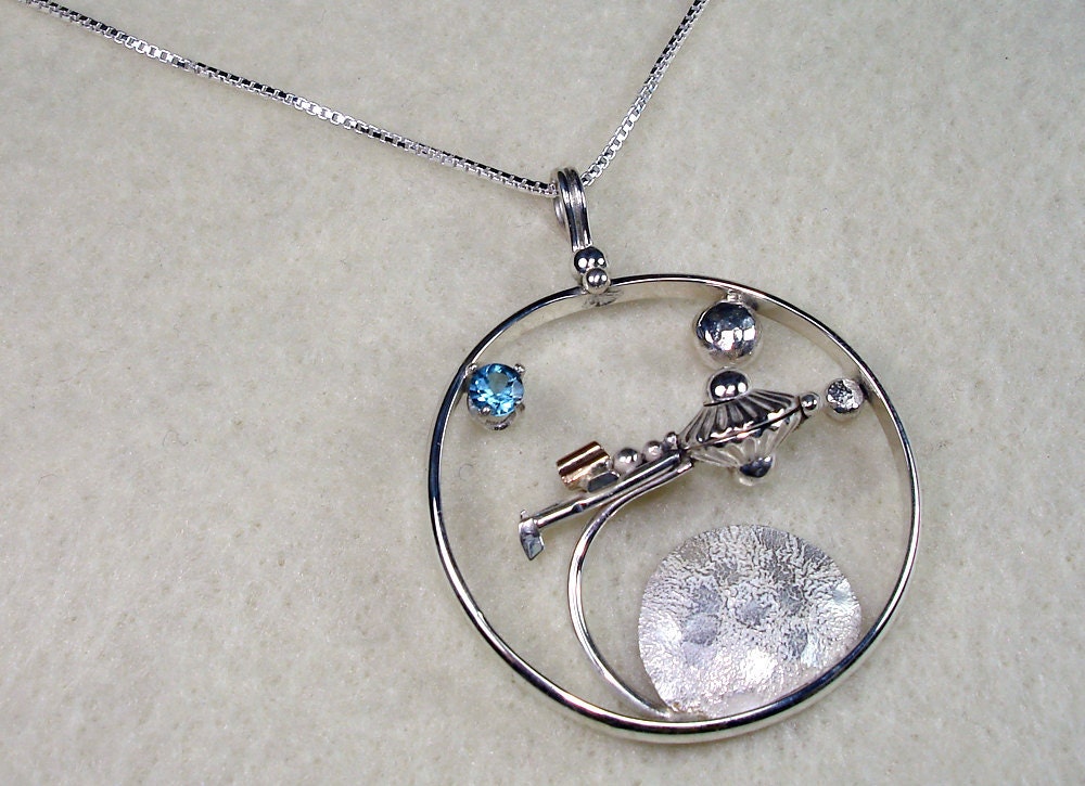 Star Trek Starship Enterprise Flying Through Space with a 4mm Aquamarine Cubic Zirconia Necklace in Argentium Silver and 14kt Gold Filled