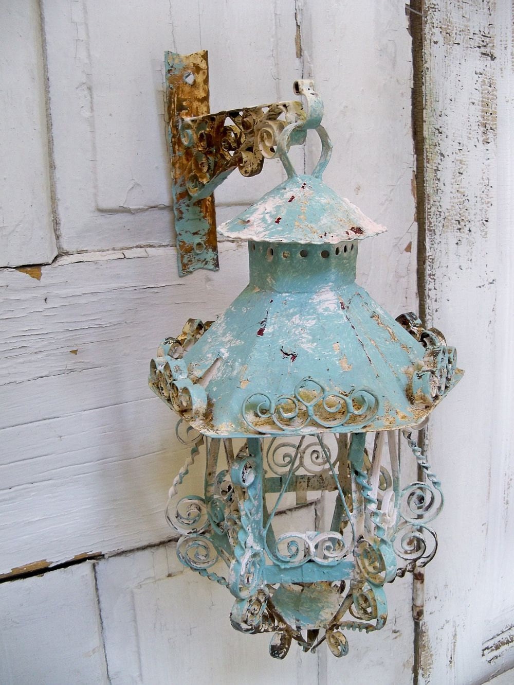 Shabby chic scroll work metal lantern candle holder with hanger ooak Anita Spero