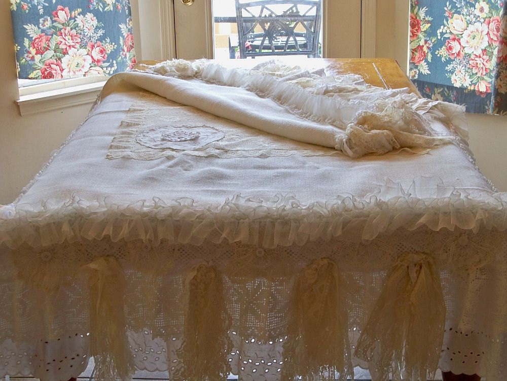 White Christmas tablecloth burlap recycled materials lace ruffles table linen all hand made ooak  Anita Spero