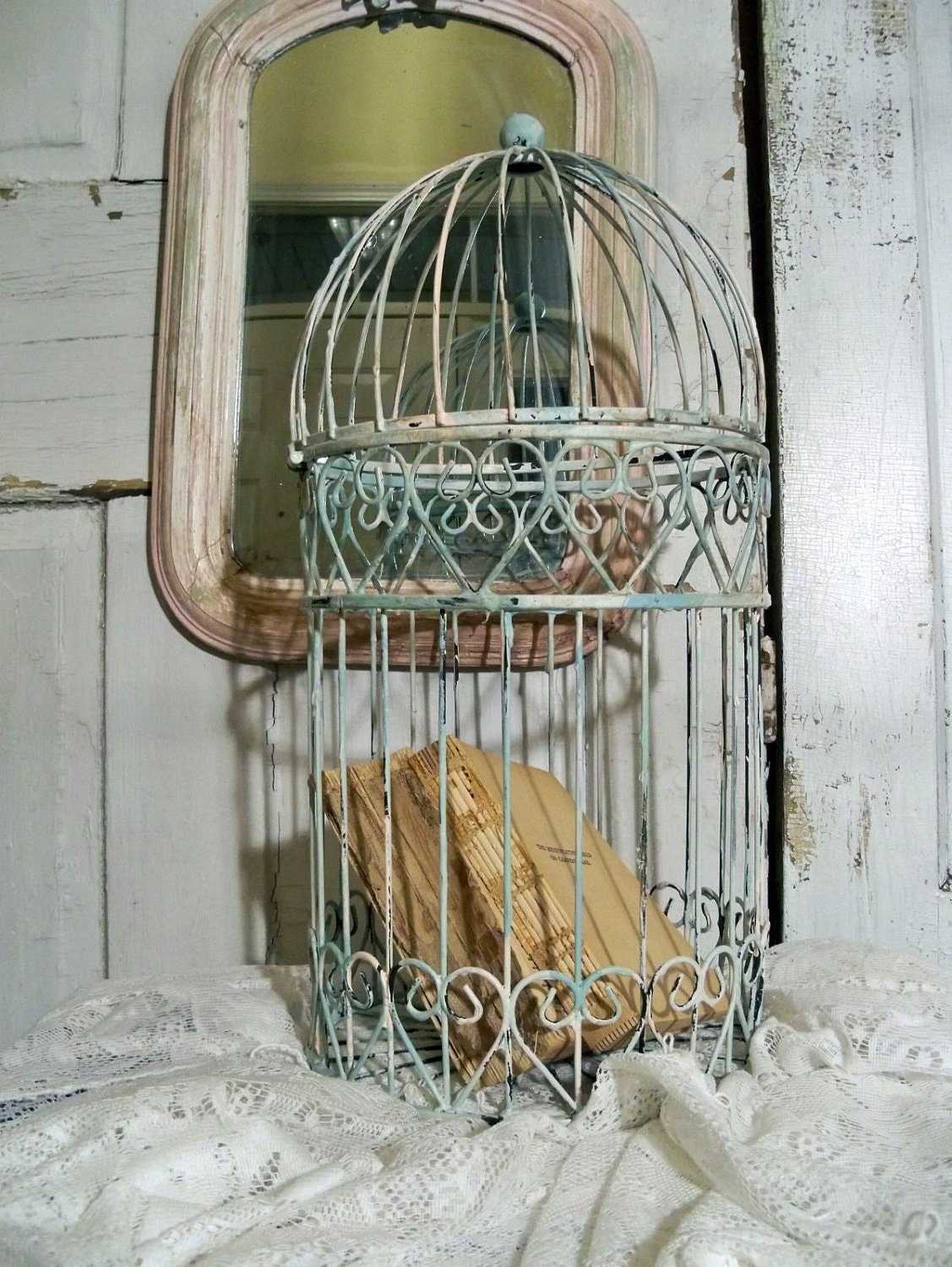Vintage birdcage hand painted shabby chic chippy distressed OOAK Anita Spero