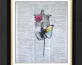Skeleton Print Butterfly & Flower-ORIGINAL ARTWORK Mixed Media art print on 8x10 Vintage Dictionary page, Dictionary art, Dictionary print
