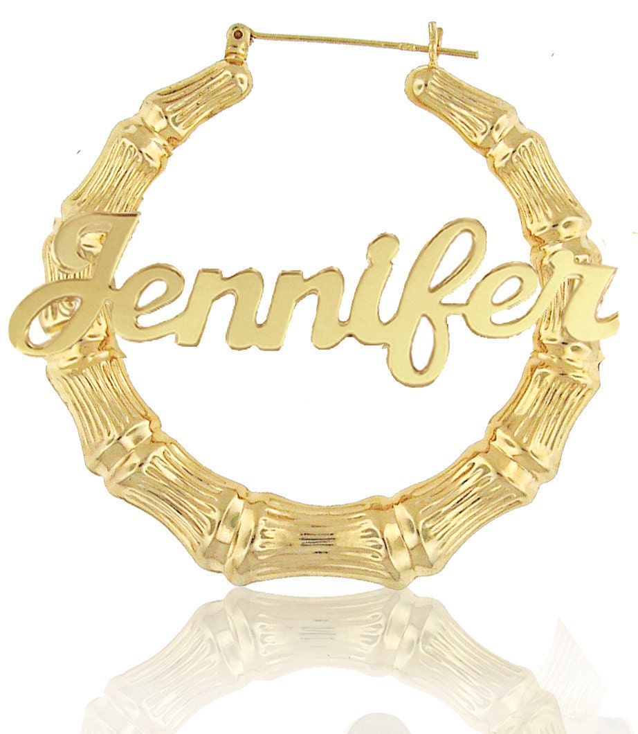 Celebrity Style Bamboo Name Earrings (order any name) - 24k Yellow Gold Overlay