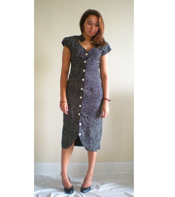 SALE Black and White MIDI Dress Mini Polka Dots Collar Buttons