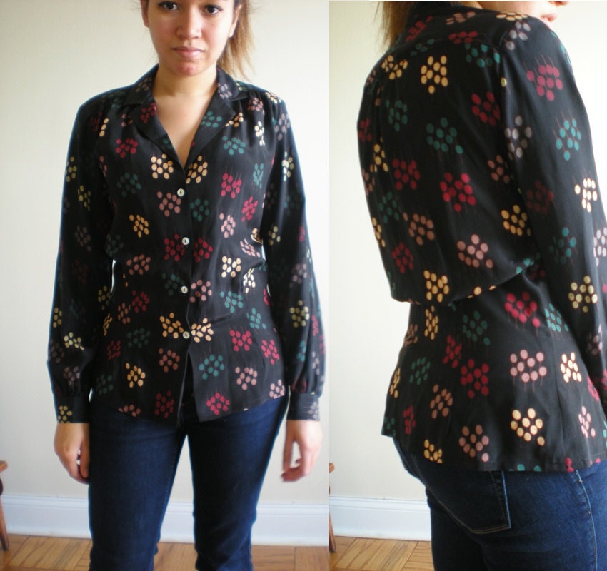 Black 100% SILK Printed Long Sleeve Blouse Shirt 70s